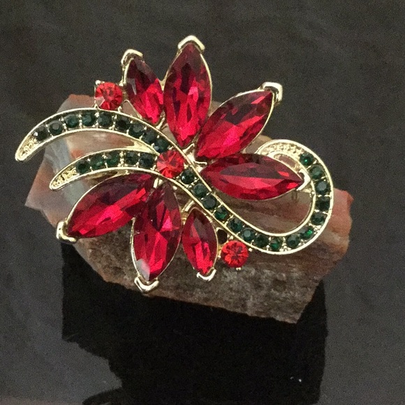 Vtg.GoldPoinsettiaBroochW/Glass Red & GreenCrystal - Picture 2 of 4